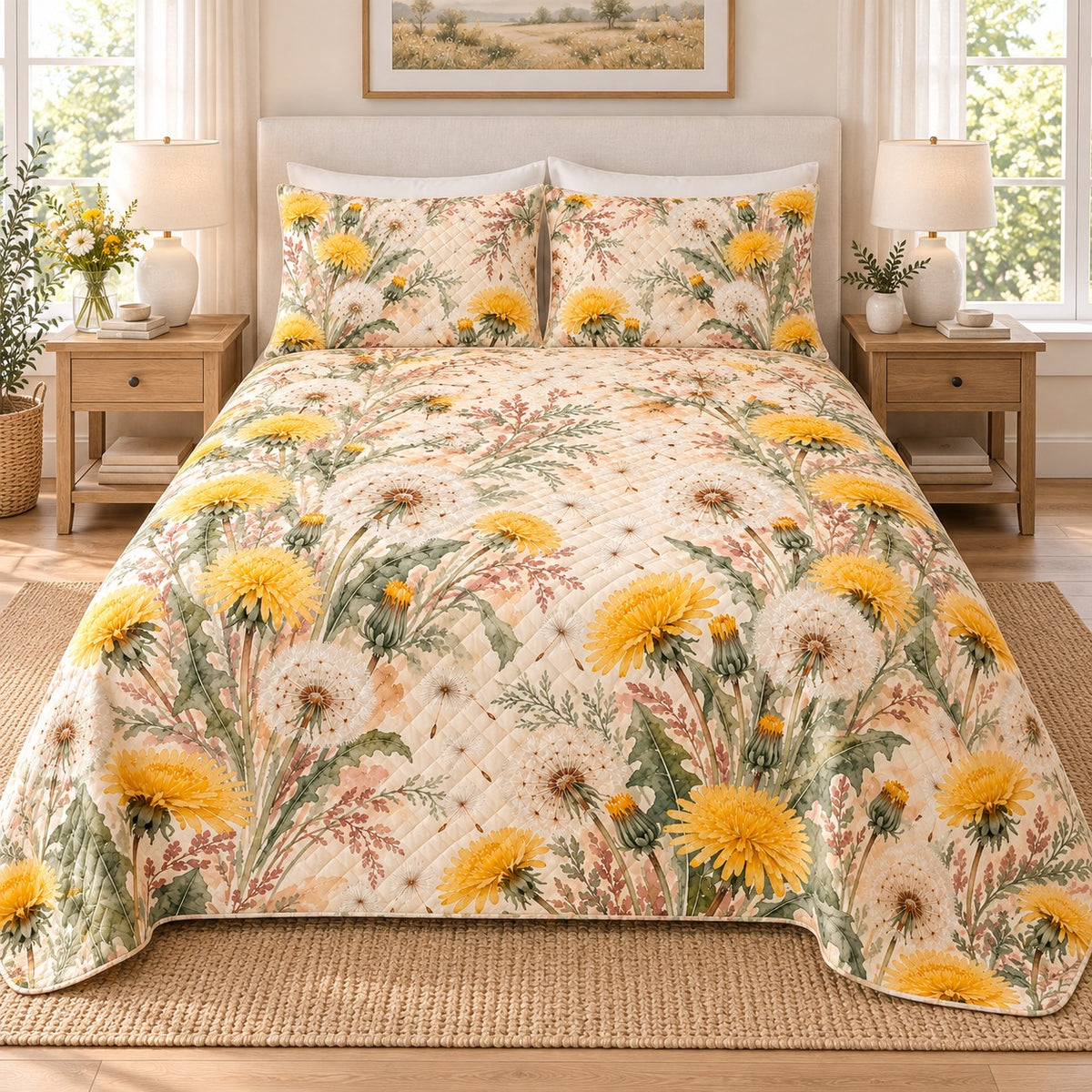 Dandelion Watercolor Bouquet Drift quilt set, 02-front, AI-generated mockup