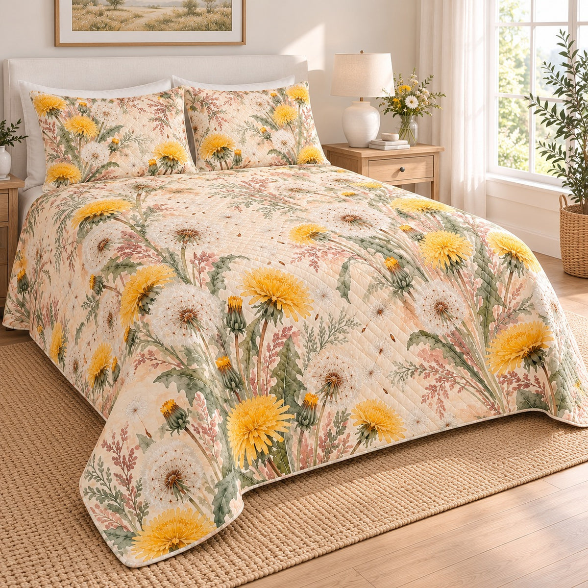Dandelion Watercolor Bouquet Drift quilt set, 03-left, AI-generated mockup