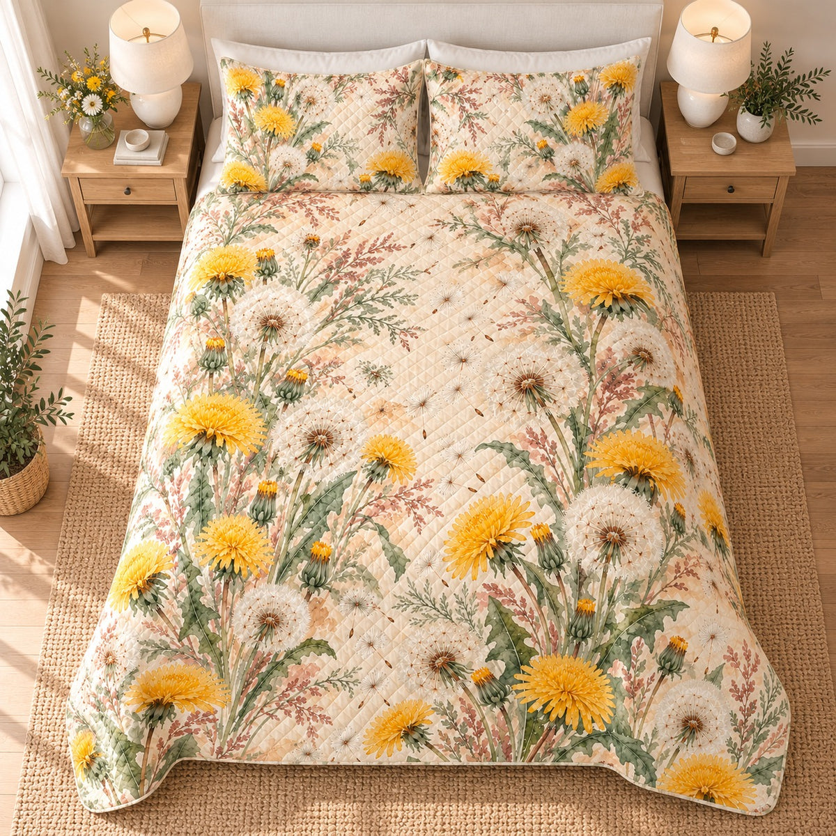 Dandelion Watercolor Bouquet Drift quilt set, 04-overhead, AI-generated mockup