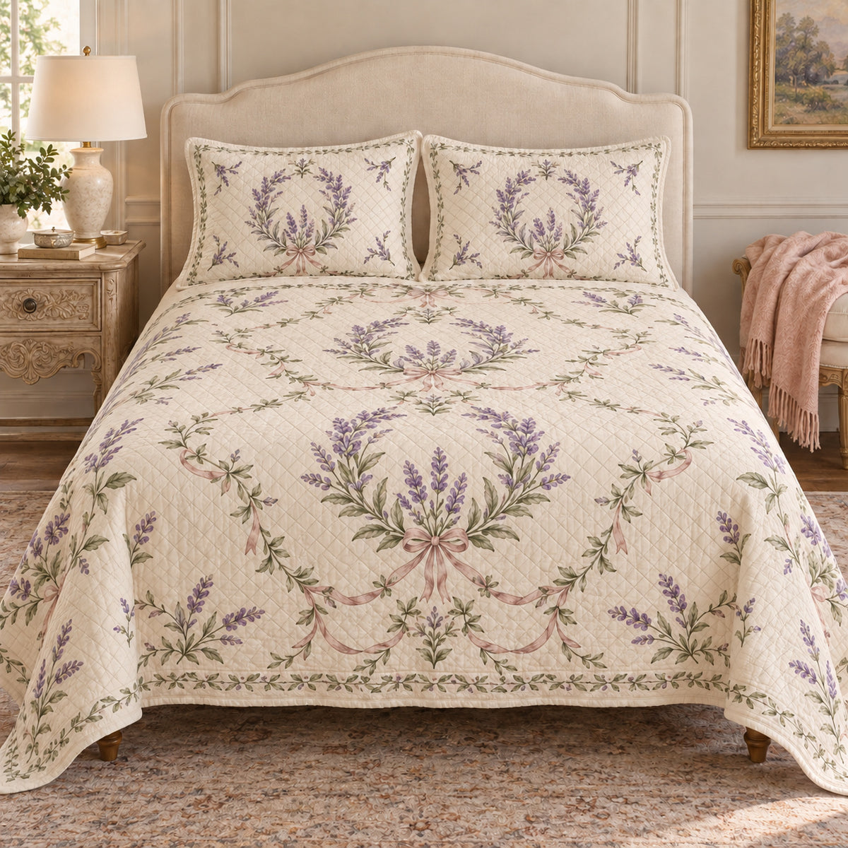 Lavender Garden Wreath Medallions quilt set, front view, AI-generated mockup with diamond quilting