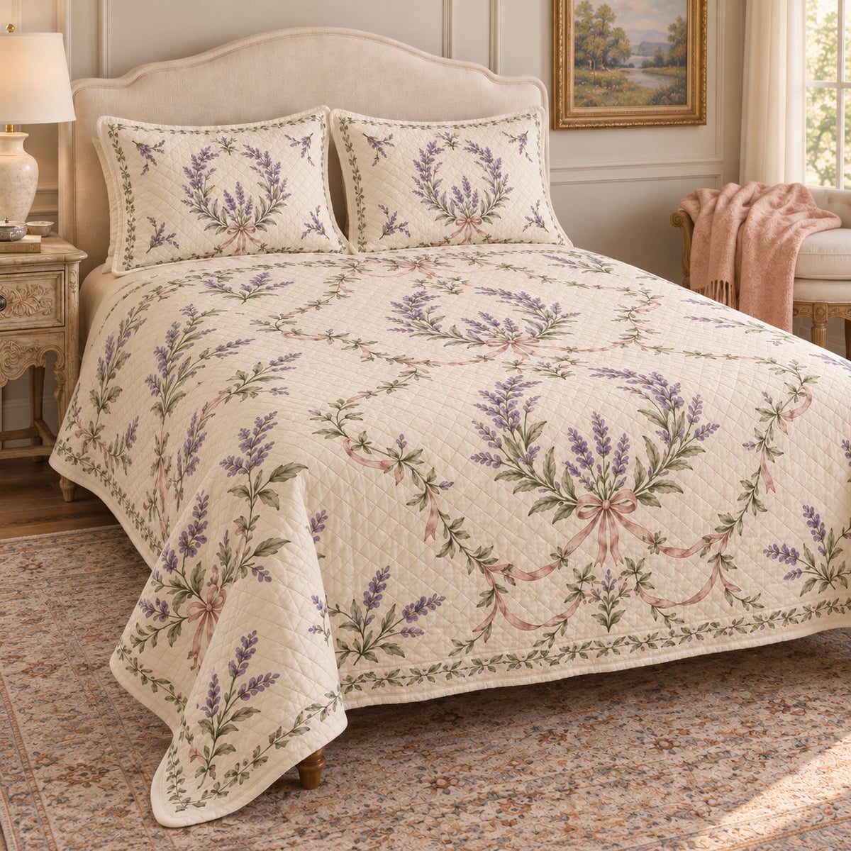 Lavender Garden Wreath Medallions quilt set, left view, AI-generated mockup with diamond quilting