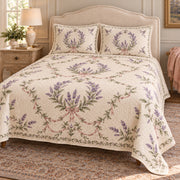 Lavender Garden Wreath Medallions quilt set, right view, AI-generated mockup with diamond quilting