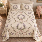 Lavender Garden Wreath Medallions quilt set, overhead view, AI-generated mockup with diamond quilting