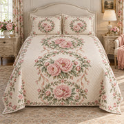Peony Garden Wreath Medallions quilt set, front view, AI-generated mockup with diamond quilting