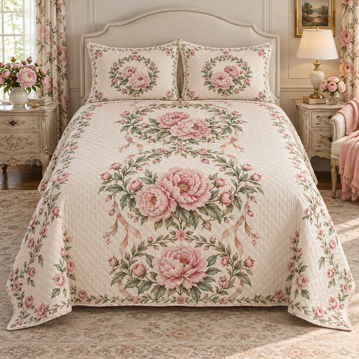 Peony Garden Wreath Medallions quilt set, front view, AI-generated mockup with diamond quilting