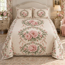 Peony Garden Wreath Quilt Set, Gift for Peony Lovers, Gift for Garden Lovers