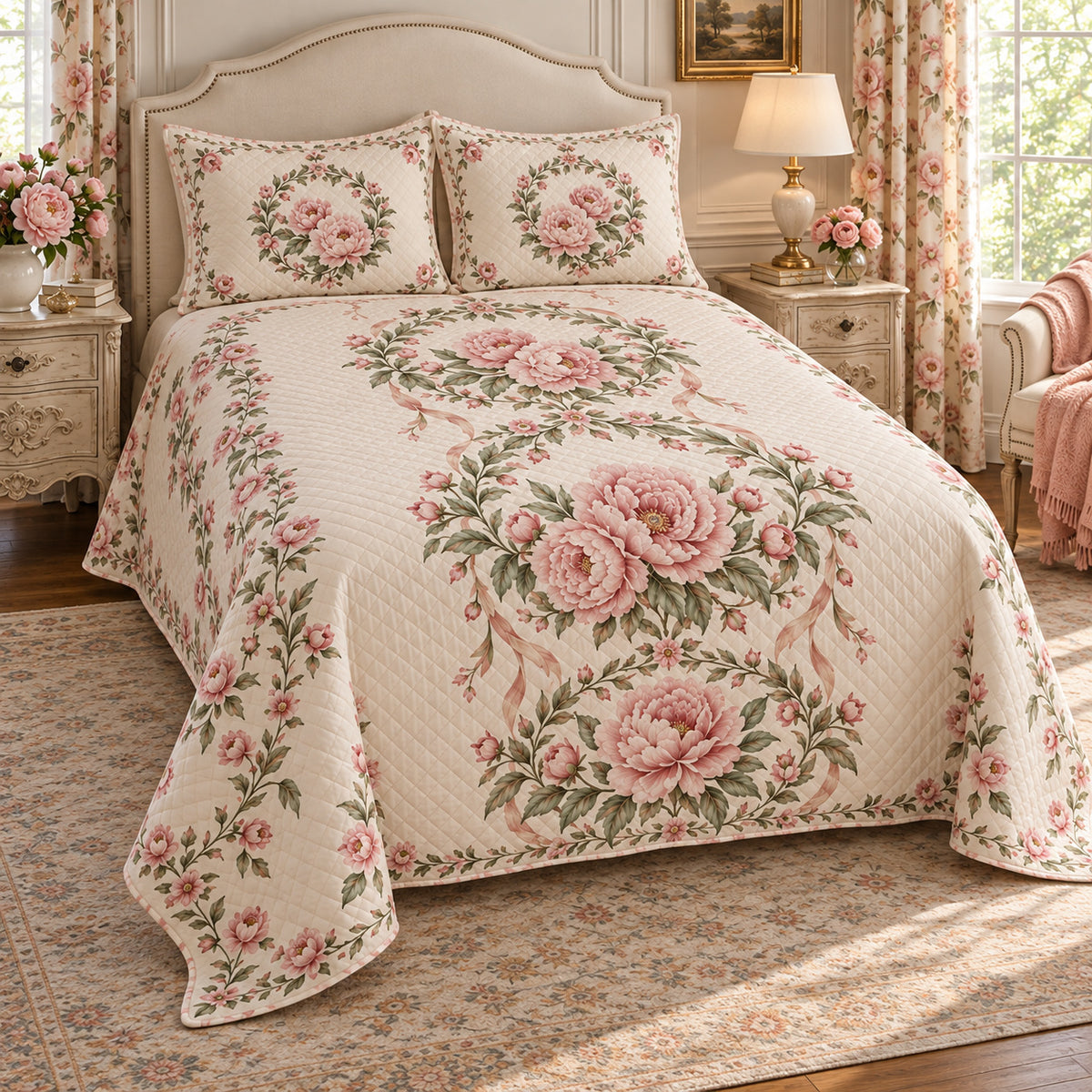 Peony Garden Wreath Medallions quilt set, left view, AI-generated mockup with diamond quilting