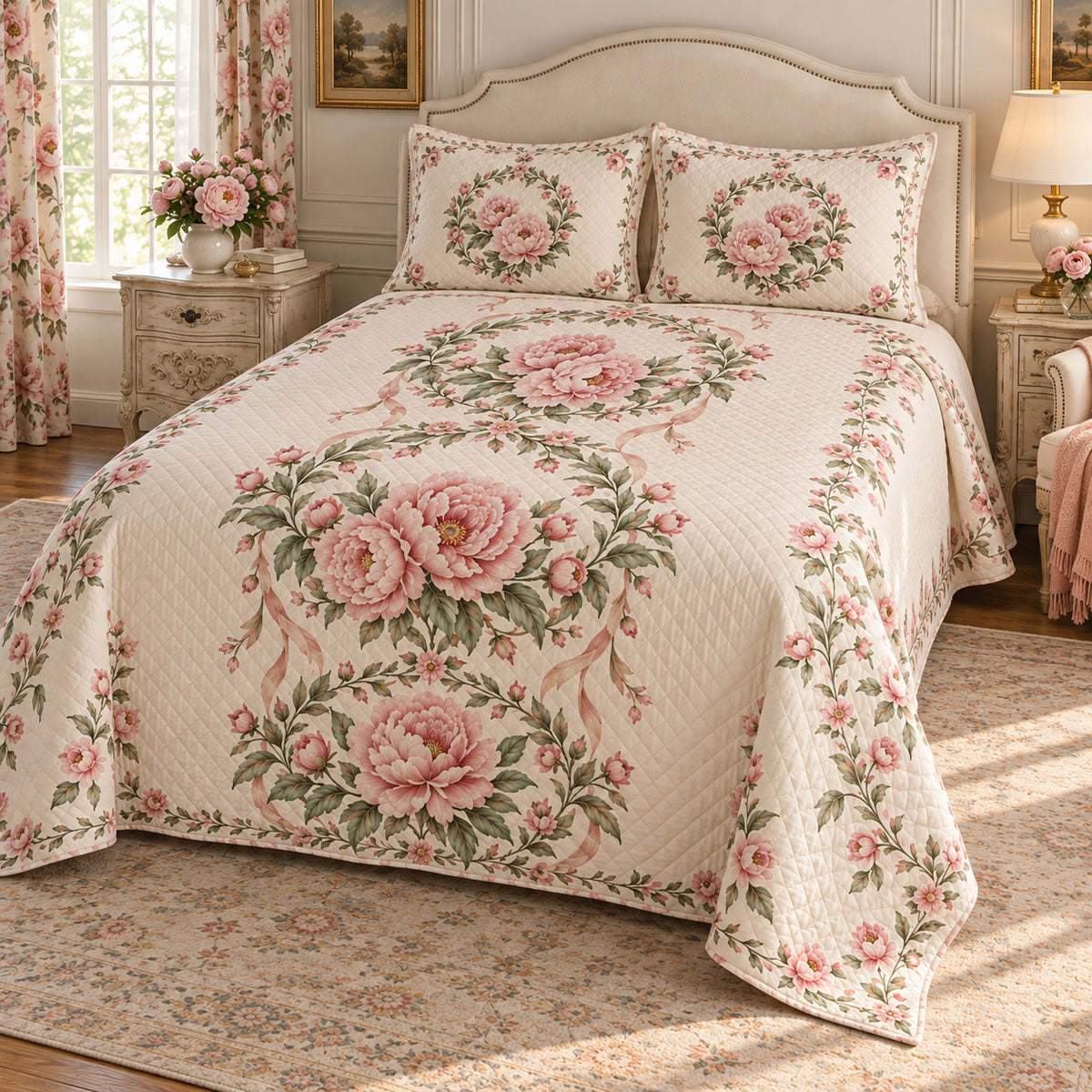 Peony Garden Wreath Medallions quilt set, right view, AI-generated mockup with diamond quilting