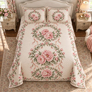 Peony Garden Wreath Medallions quilt set, overhead view, AI-generated mockup with diamond quilting