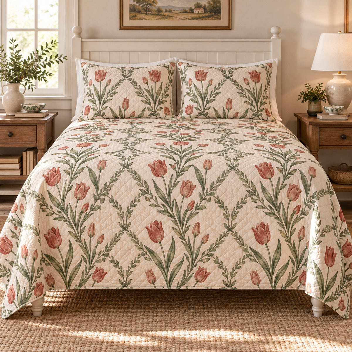 Tulip Cottage Garden Trellis quilt set, front view, AI-generated mockup with diamond quilting
