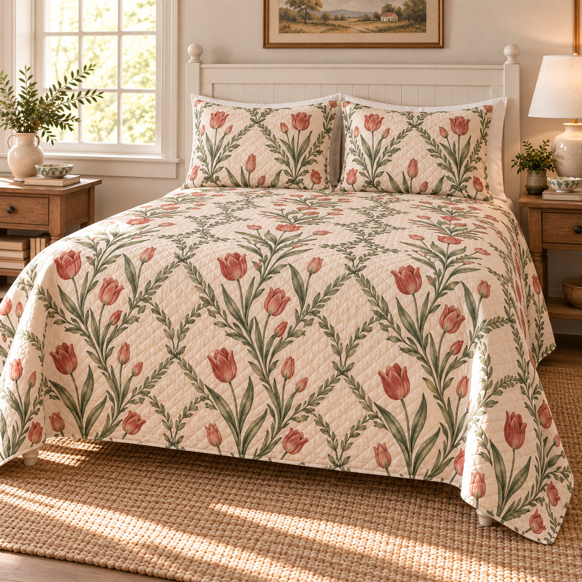 Tulip Cottage Garden Trellis quilt set, left view, AI-generated mockup with diamond quilting