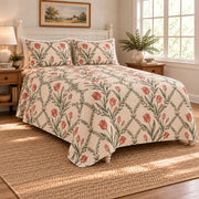 Tulip Cottage Garden Trellis quilt set, right view, AI-generated mockup with diamond quilting