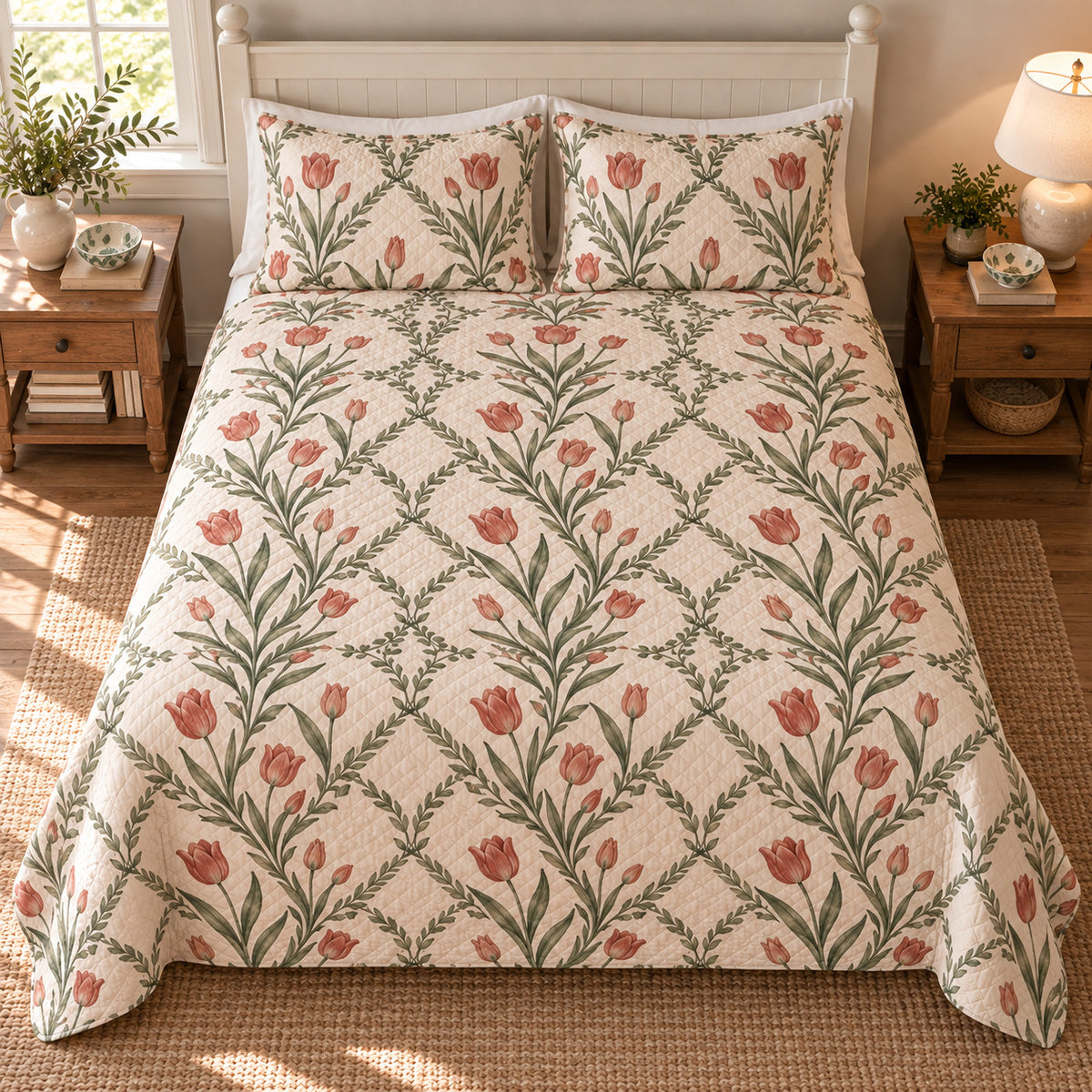 Tulip Cottage Garden Trellis quilt set, overhead view, AI-generated mockup with diamond quilting