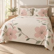 Cherry Blossom Quiet Line Bloom quilt set, left view, AI-generated mockup with diamond quilting