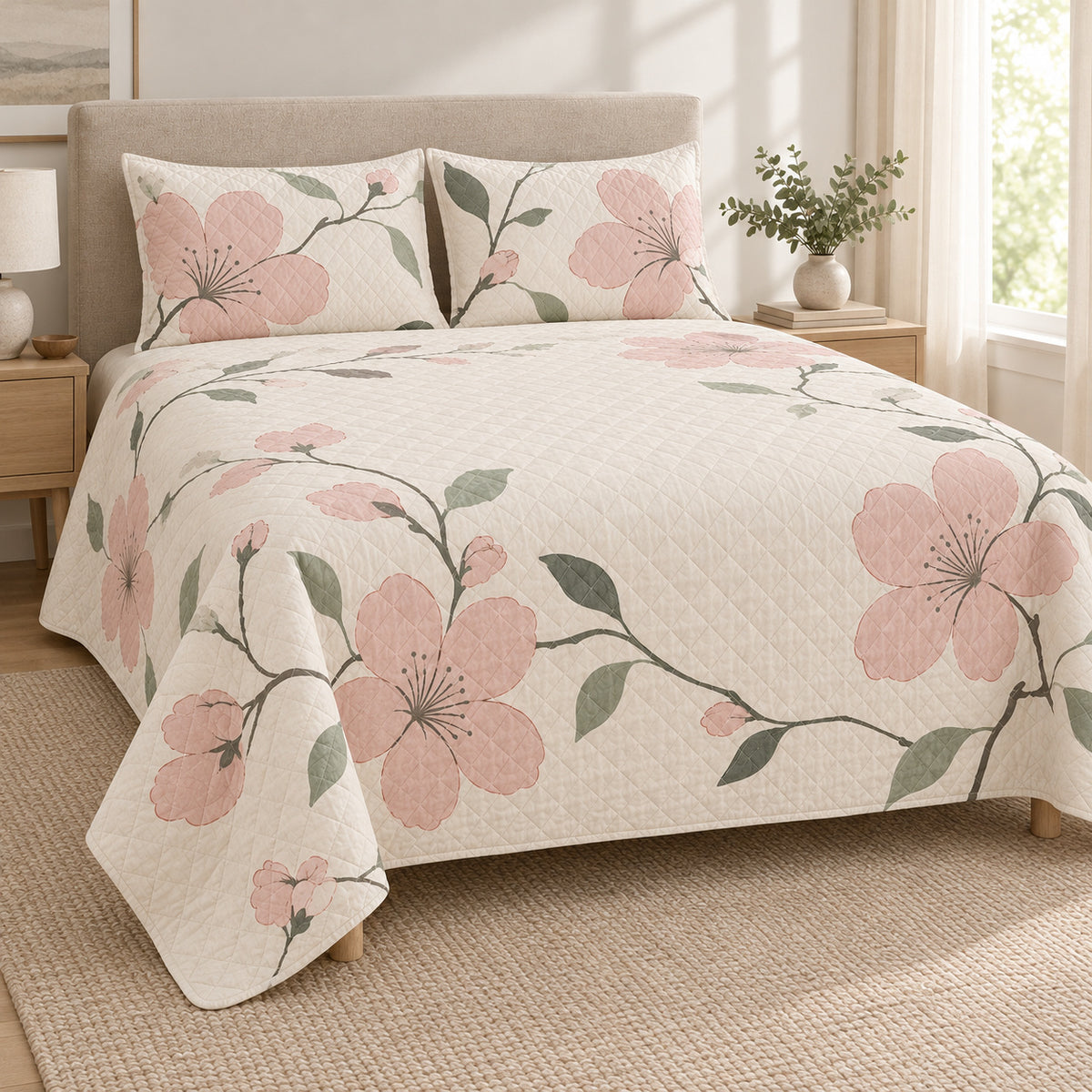 Cherry Blossom Quiet Line Bloom quilt set, right view, AI-generated mockup with diamond quilting