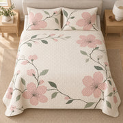 Cherry Blossom Quiet Line Bloom quilt set, overhead view, AI-generated mockup with diamond quilting