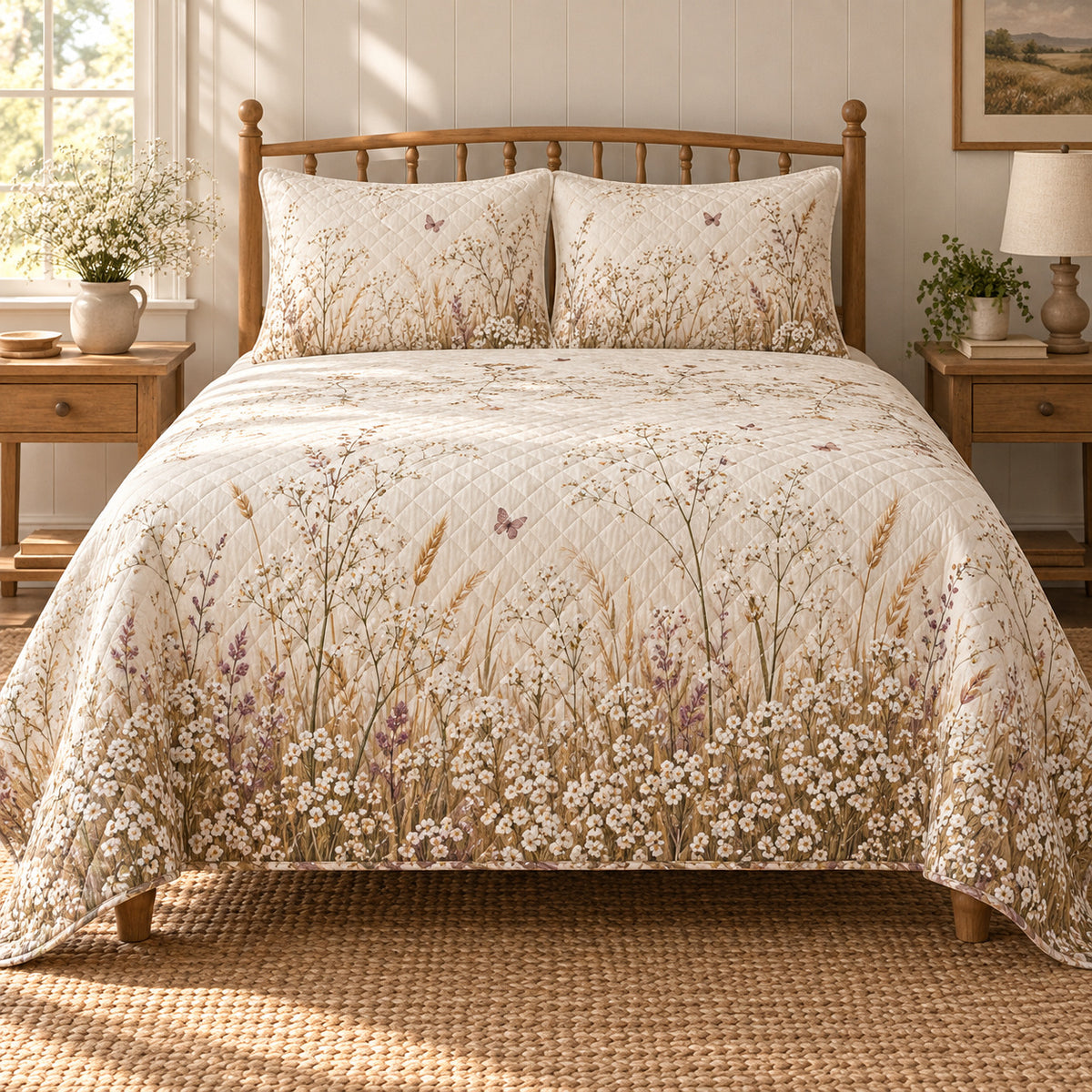 Baby's Breath Wild Meadow Walk quilt set, front view, AI-generated mockup with diamond quilting