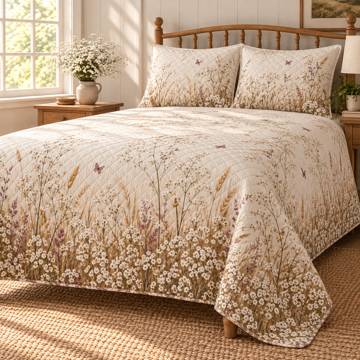 Baby's Breath Wild Meadow Walk quilt set, left view, AI-generated mockup with diamond quilting