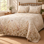 Baby's Breath Wild Meadow Walk quilt set, left view, AI-generated mockup with diamond quilting