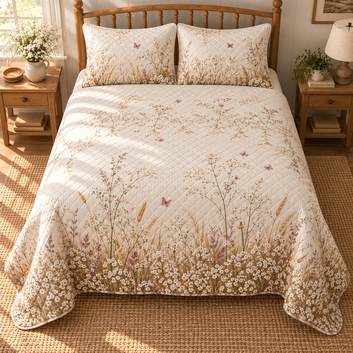 Baby's Breath Wild Meadow Walk quilt set, overhead view, AI-generated mockup with diamond quilting