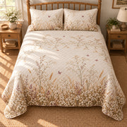 Baby's Breath Wild Meadow Walk quilt set, overhead view, AI-generated mockup with diamond quilting