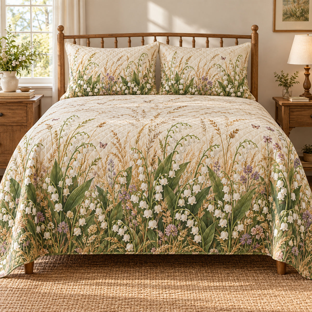Lily of the Valley Wild Meadow Walk quilt set, front view, AI-generated mockup with diamond quilting