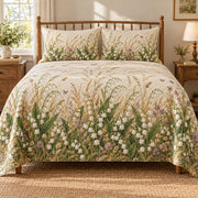 Lily of the Valley Wild Meadow Walk quilt set, front view, AI-generated mockup with diamond quilting