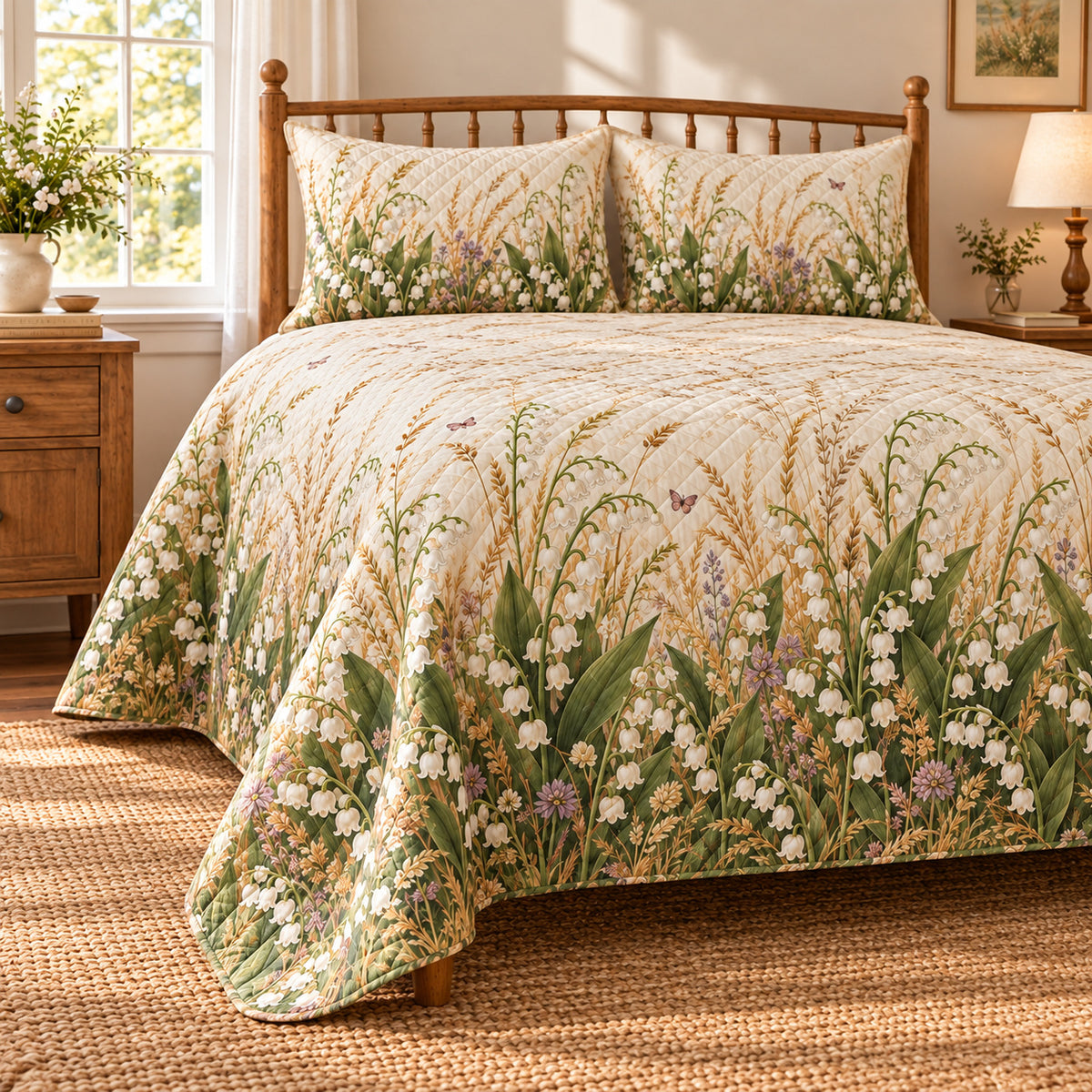 Lily of the Valley Wild Meadow Walk quilt set, left view, AI-generated mockup with diamond quilting