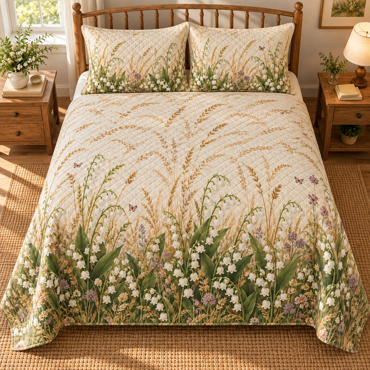 Lily of the Valley Wild Meadow Walk quilt set, overhead view, AI-generated mockup with diamond quilting
