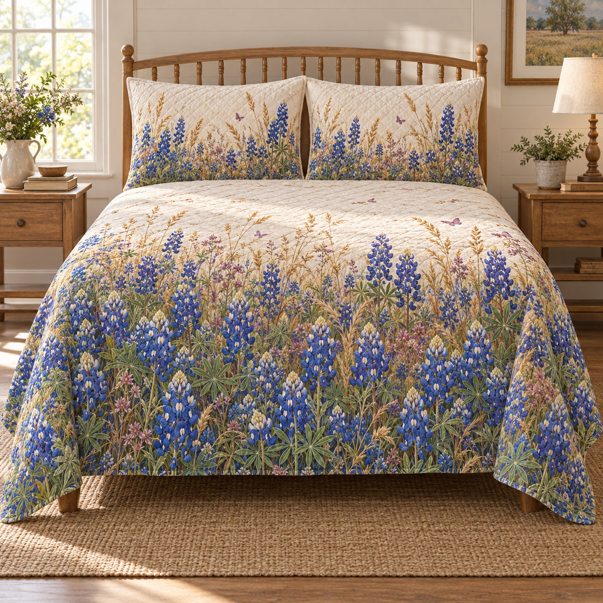 Texas bluebonnet wildflower diamond quilt set front view