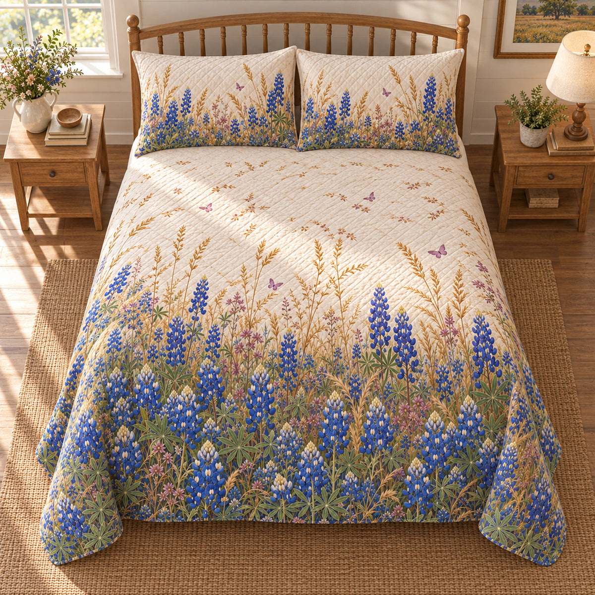 Texas bluebonnet wildflower diamond quilt set overhead view