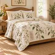 Jasmine Heirloom Herbarium quilt set, left angled view, diamond quilting