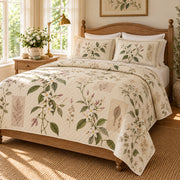 Jasmine Heirloom Herbarium quilt set, right angled view, diamond quilting