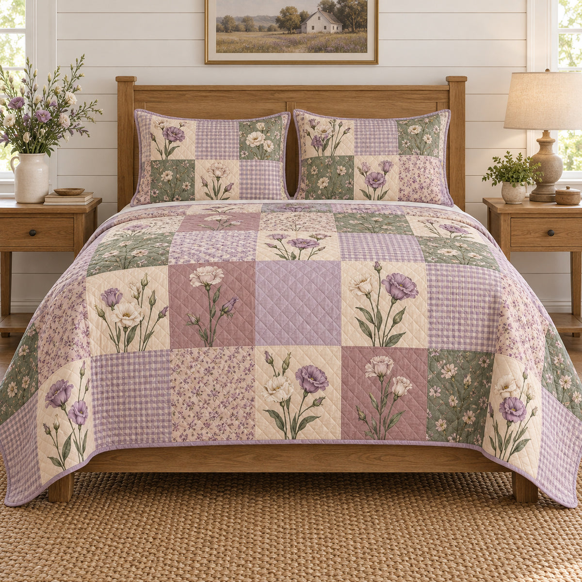Lisianthus Cottage Patchwork quilt set, front view, diamond quilting