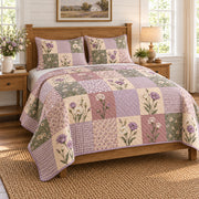 Lisianthus Cottage Patchwork quilt set, left angled view, diamond quilting