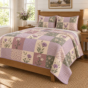 Lisianthus Cottage Patchwork quilt set, right angled view, diamond quilting