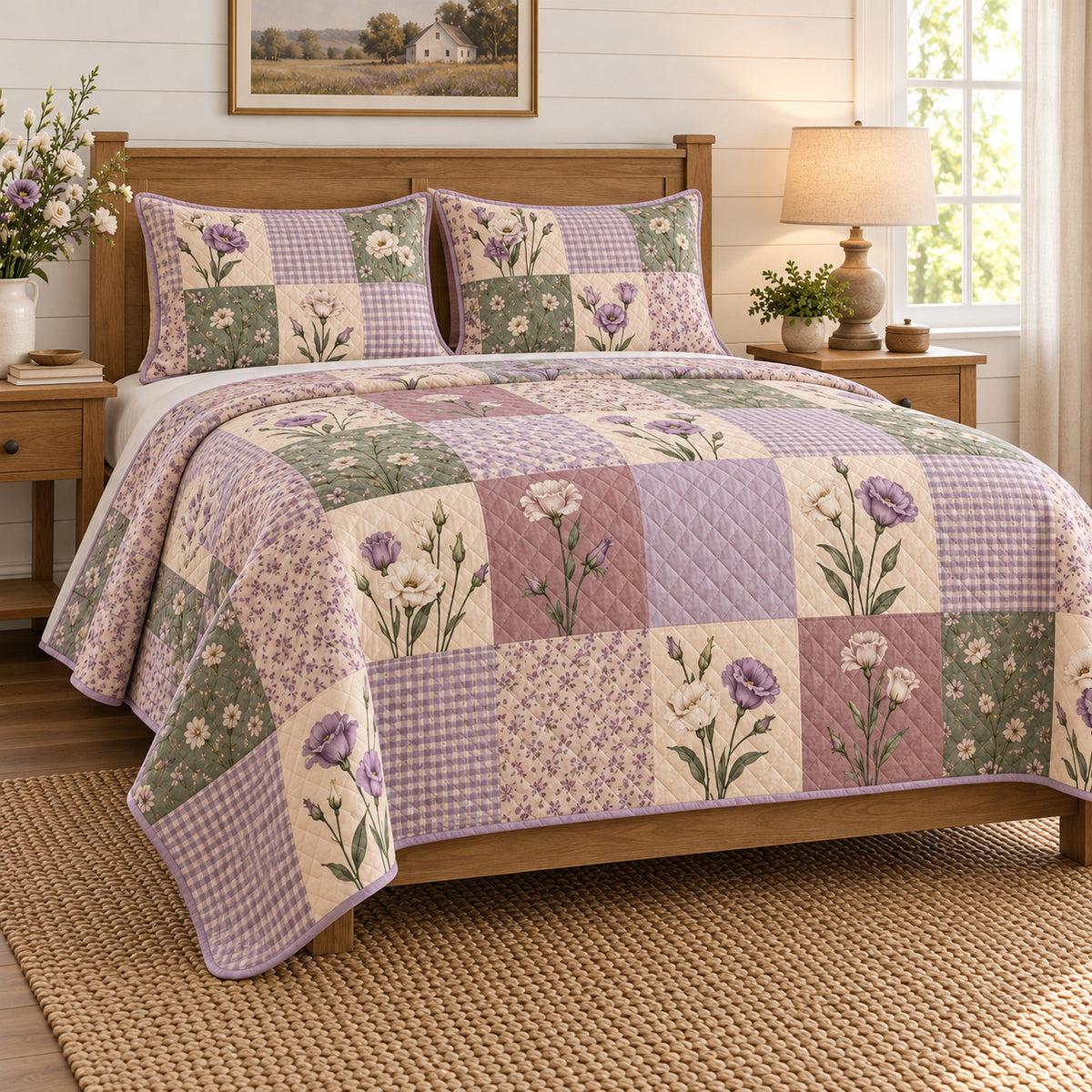 Lisianthus Cottage Patchwork quilt set, alternate angled view, diamond quilting