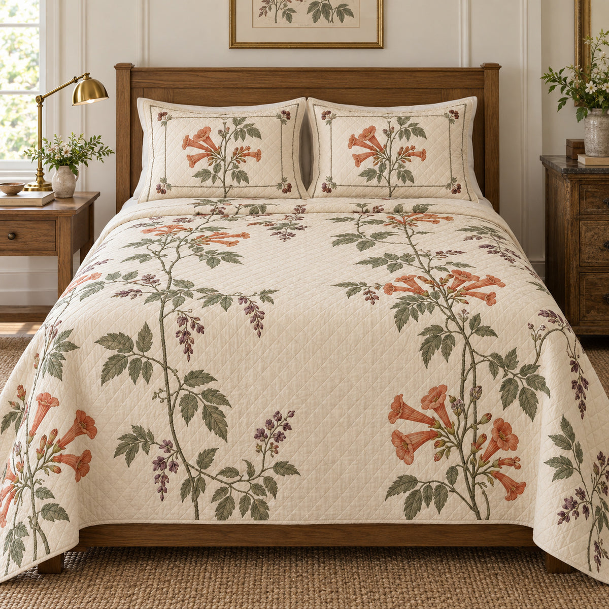 Trumpet Vine Heirloom Herbarium quilt set, front view, diamond quilting