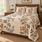 Trumpet Vine Heirloom Herbarium quilt set, left angled view, diamond quilting