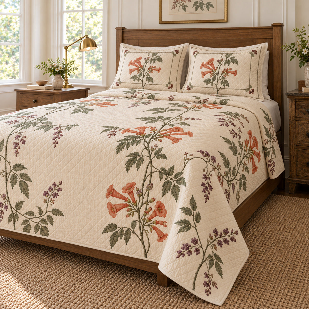Trumpet Vine Heirloom Herbarium quilt set, right angled view, diamond quilting