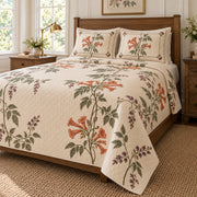 Trumpet Vine Heirloom Herbarium quilt set, right angled view, diamond quilting