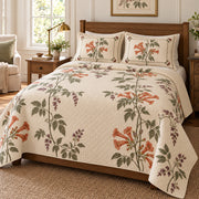 Trumpet Vine Heirloom Herbarium quilt set, alternate angled view, diamond quilting