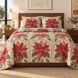 Poinsettia Modern Floral Arches Quilt Set, Holiday Bedding, Gift for Flower Lovers