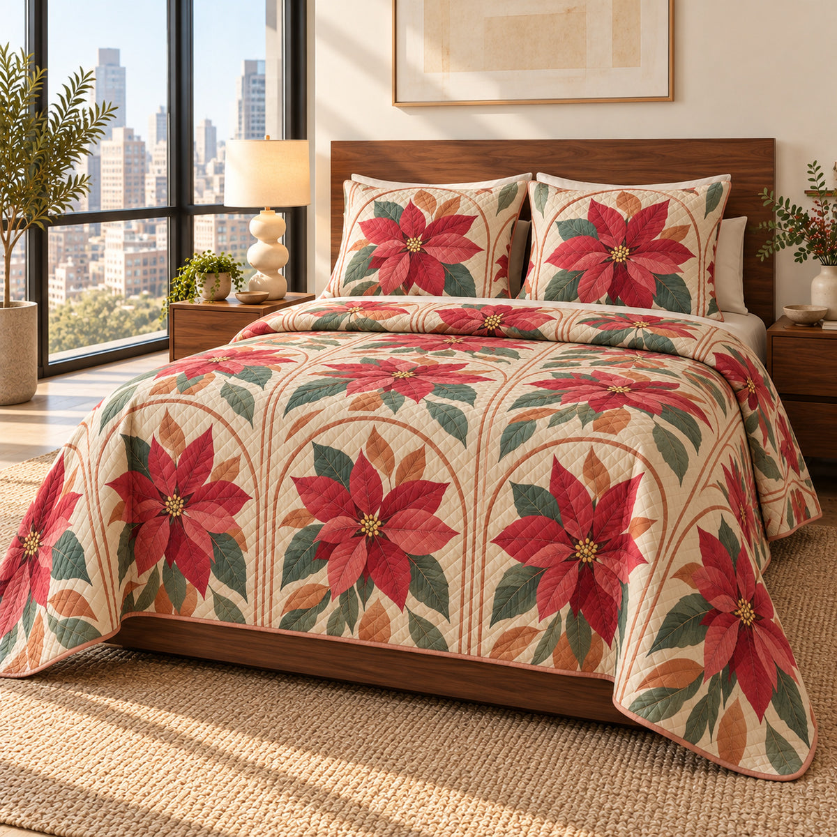 Poinsettia Modern Floral Arches quilt set, left angled view, diamond quilting