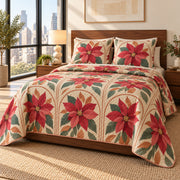 Poinsettia Modern Floral Arches quilt set, left angled view, diamond quilting