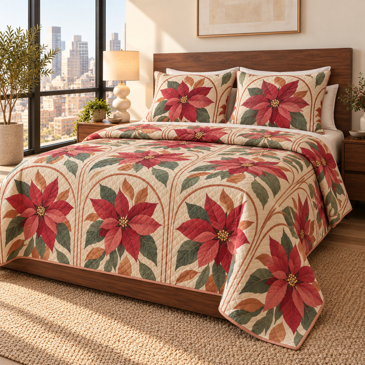 Poinsettia Modern Floral Arches quilt set, right angled view, diamond quilting