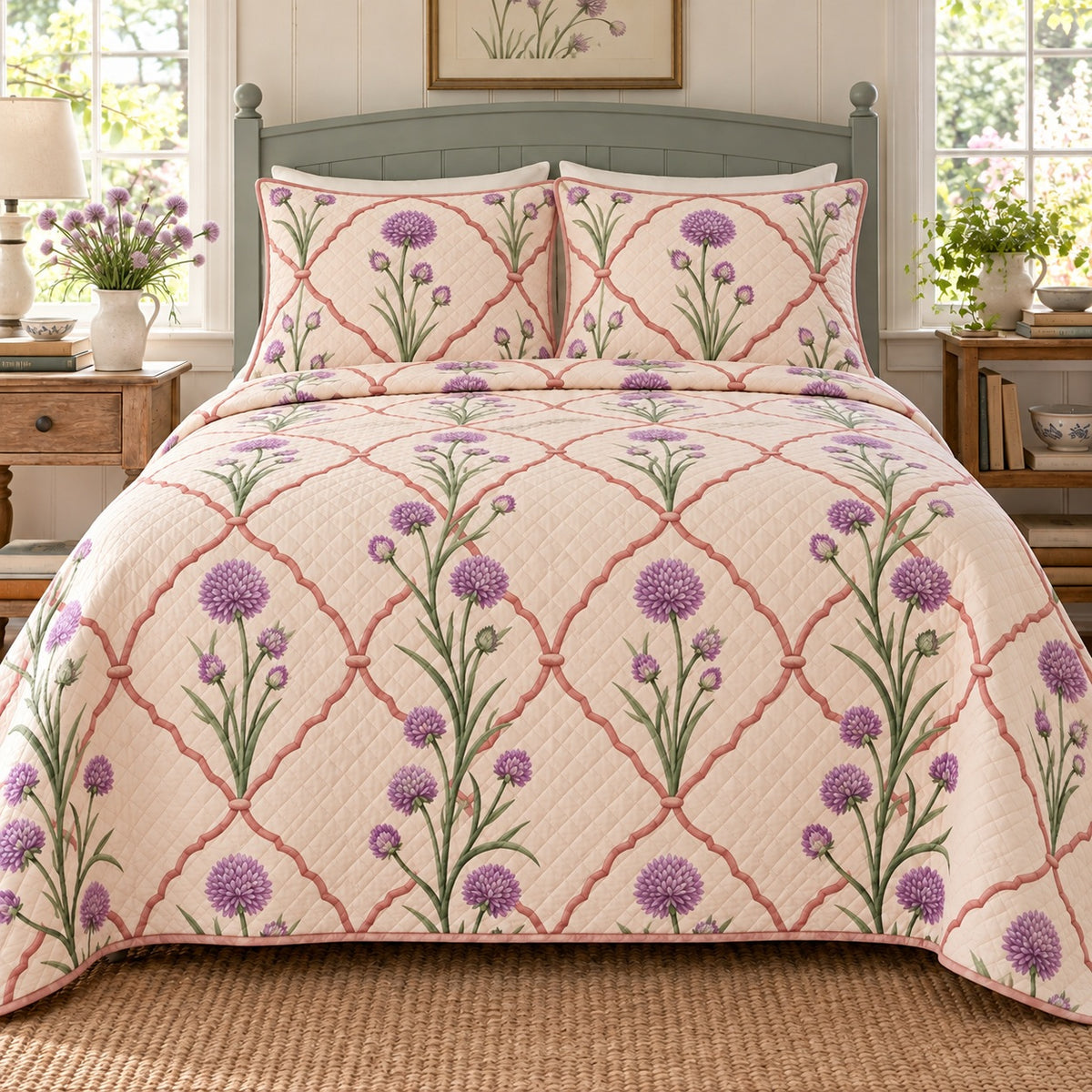 Chive Blossoms quilt set front view, continuous terracotta trellis behind purple blossoms and stems, diamond quilting, AI-generated mockup