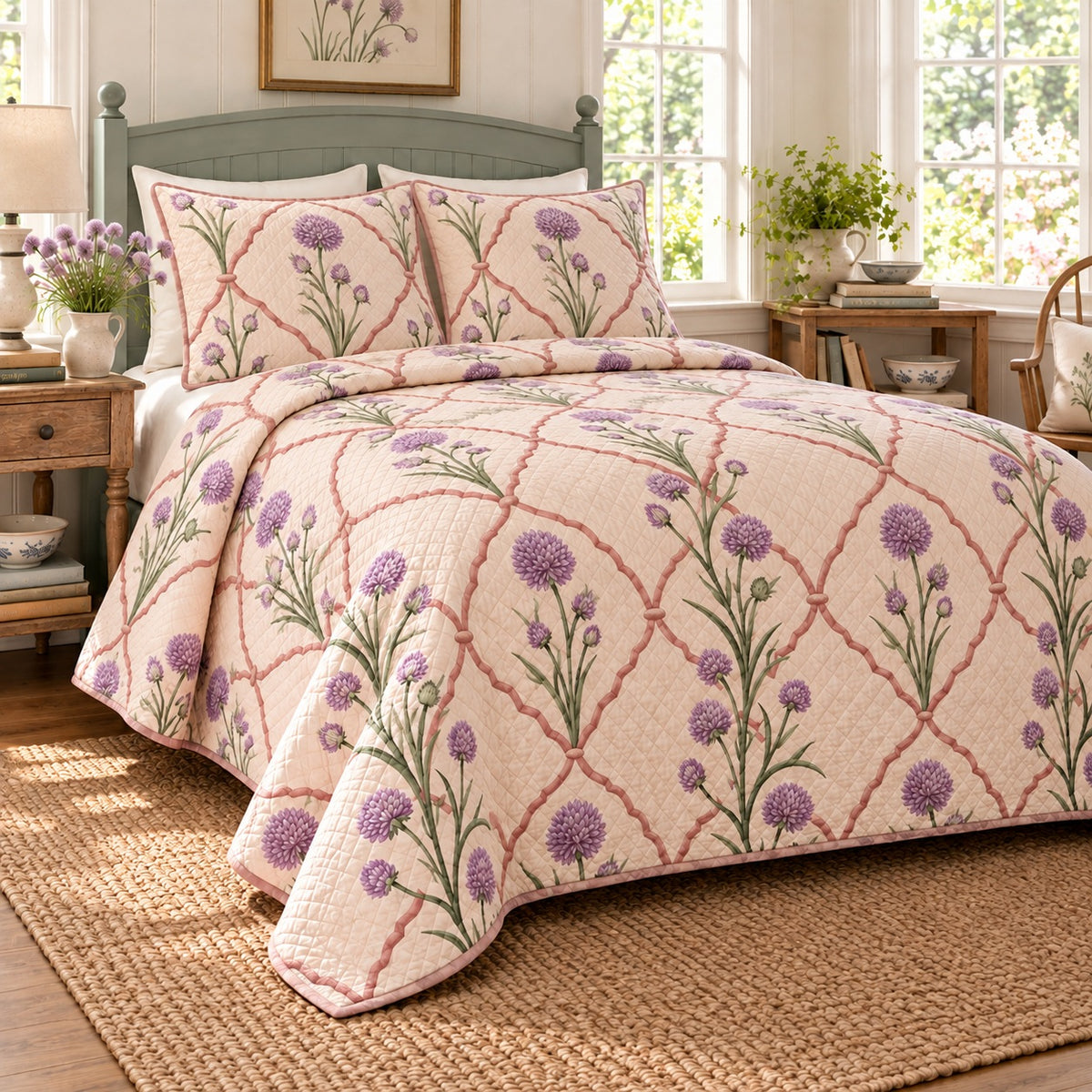Chive Blossoms quilt set left oblique view, continuous terracotta trellis across quilt drape behind foreground flowers, diamond quilting, AI-generated mockup