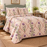 Chive Blossoms quilt set left oblique view, continuous terracotta trellis across quilt drape behind foreground flowers, diamond quilting, AI-generated mockup