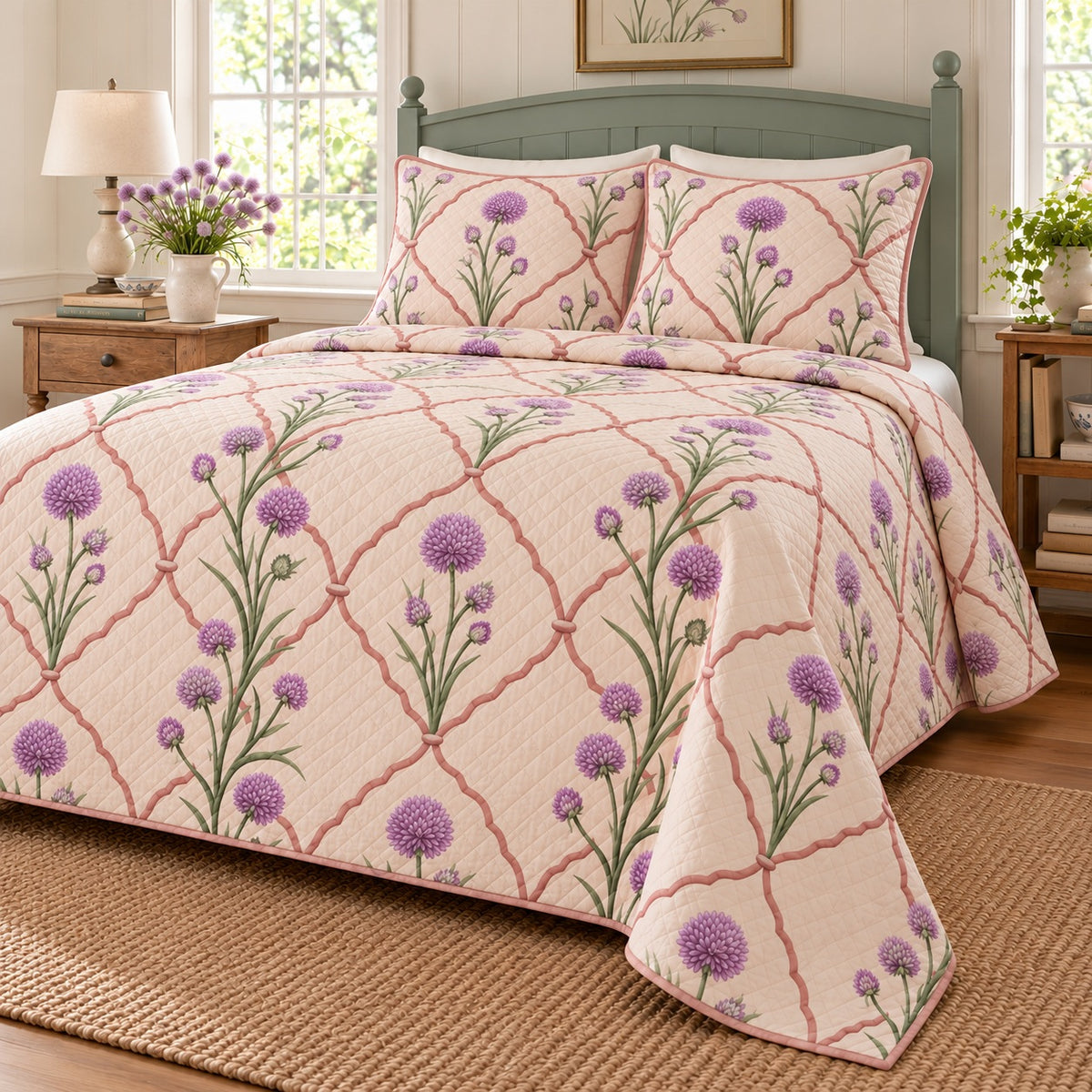 Chive Blossoms cottage garden quilt set, right oblique view with continuous terracotta trellis behind foreground chive flowers and stems, diamond quilting, AI-generated mockup